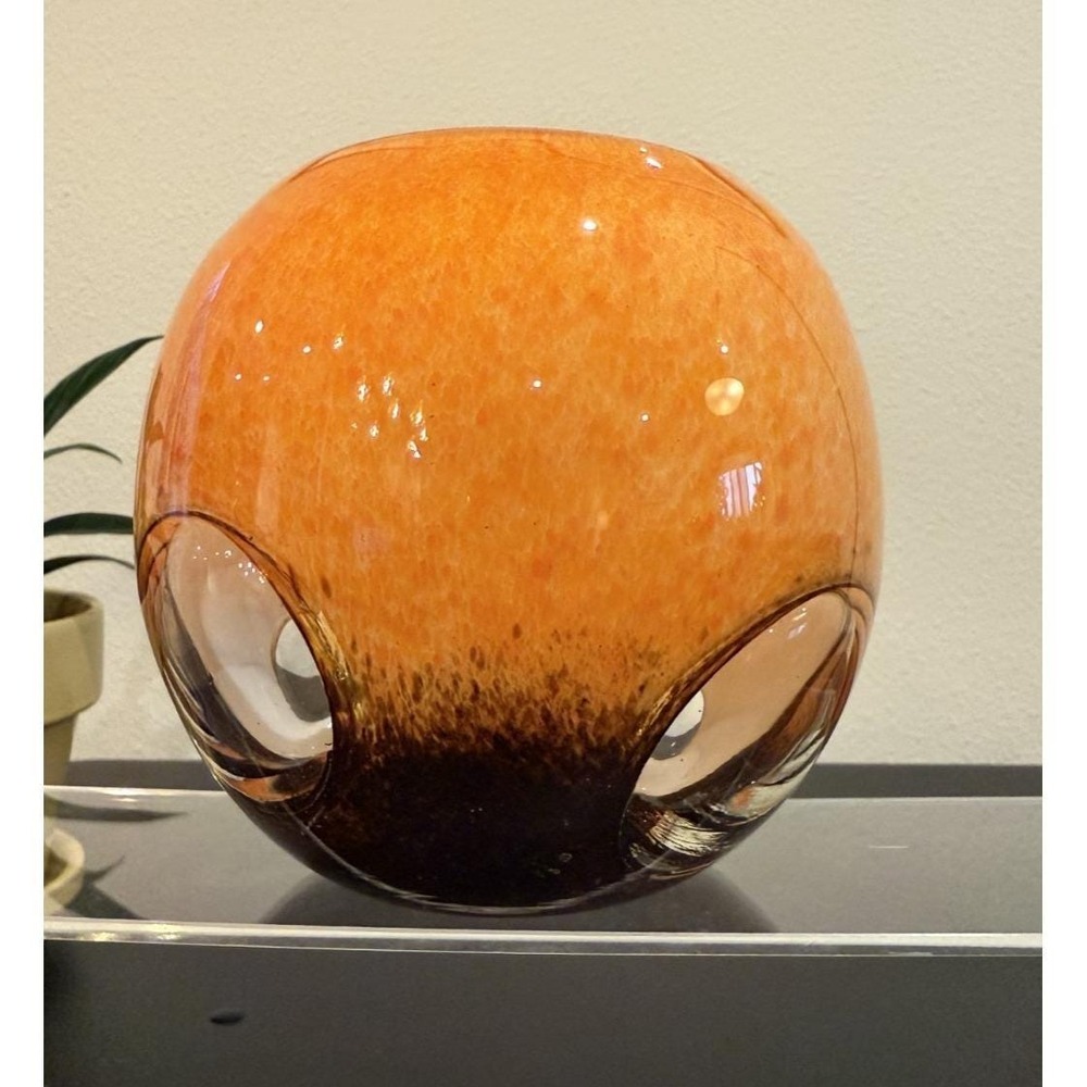 VTG Art Glass Dreamlight Mediterana Orange & Brown Cased Clear Vase Candleholder